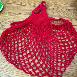 Filt French braid net market bag short handle red boho collapsible tote